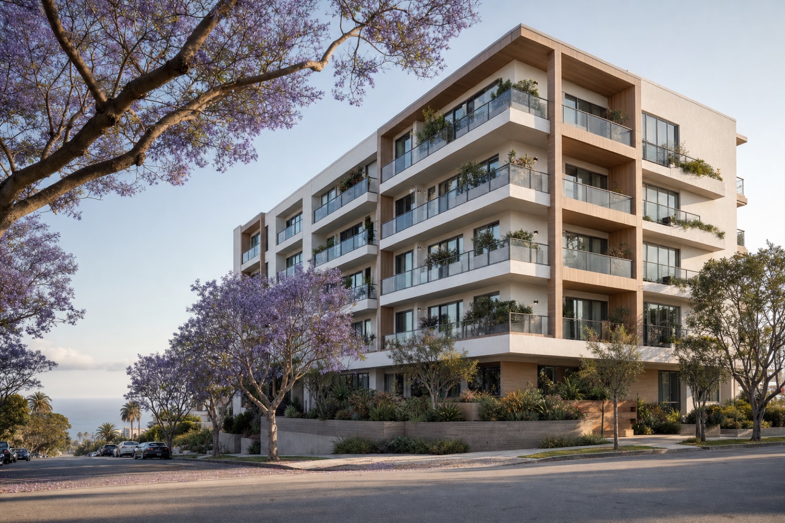 A six-story coastal California condominium building on a tree-lined street