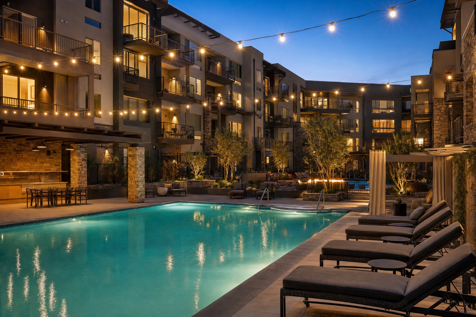 The courtyard pool of a mid-rise condominium complex at dusk