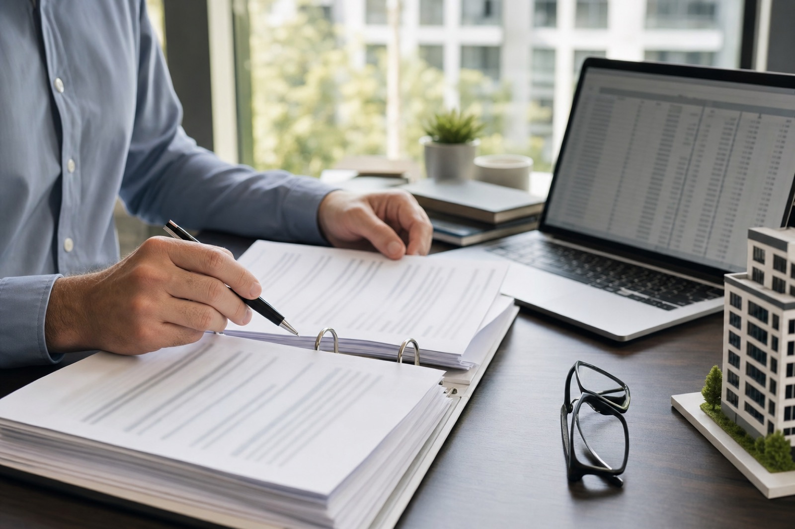 A property manager reviewing an association binder and a spreadsheet